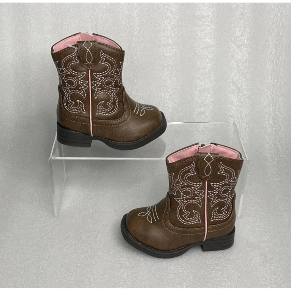 Wonder Nation Brown Zip up Square Toe Cowboy Cowgirl Boots Baby Girls Size 3